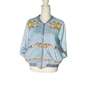 GB Women’s Light Blue Embroidered Flowers Full Zip Bomber Jacket Size Medium